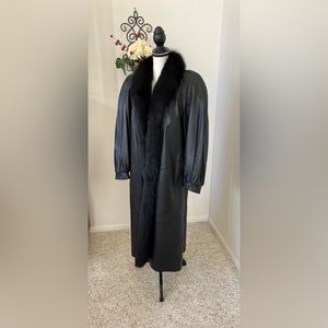 Full length Leather Coat with Fox collar. Adolfo Small/Medium